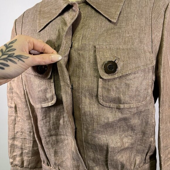 Per Se Women’s Cropped Linen Metallic Jacket Tan Shimmer Blazer Size 6 Safari - Picture 7 of 8